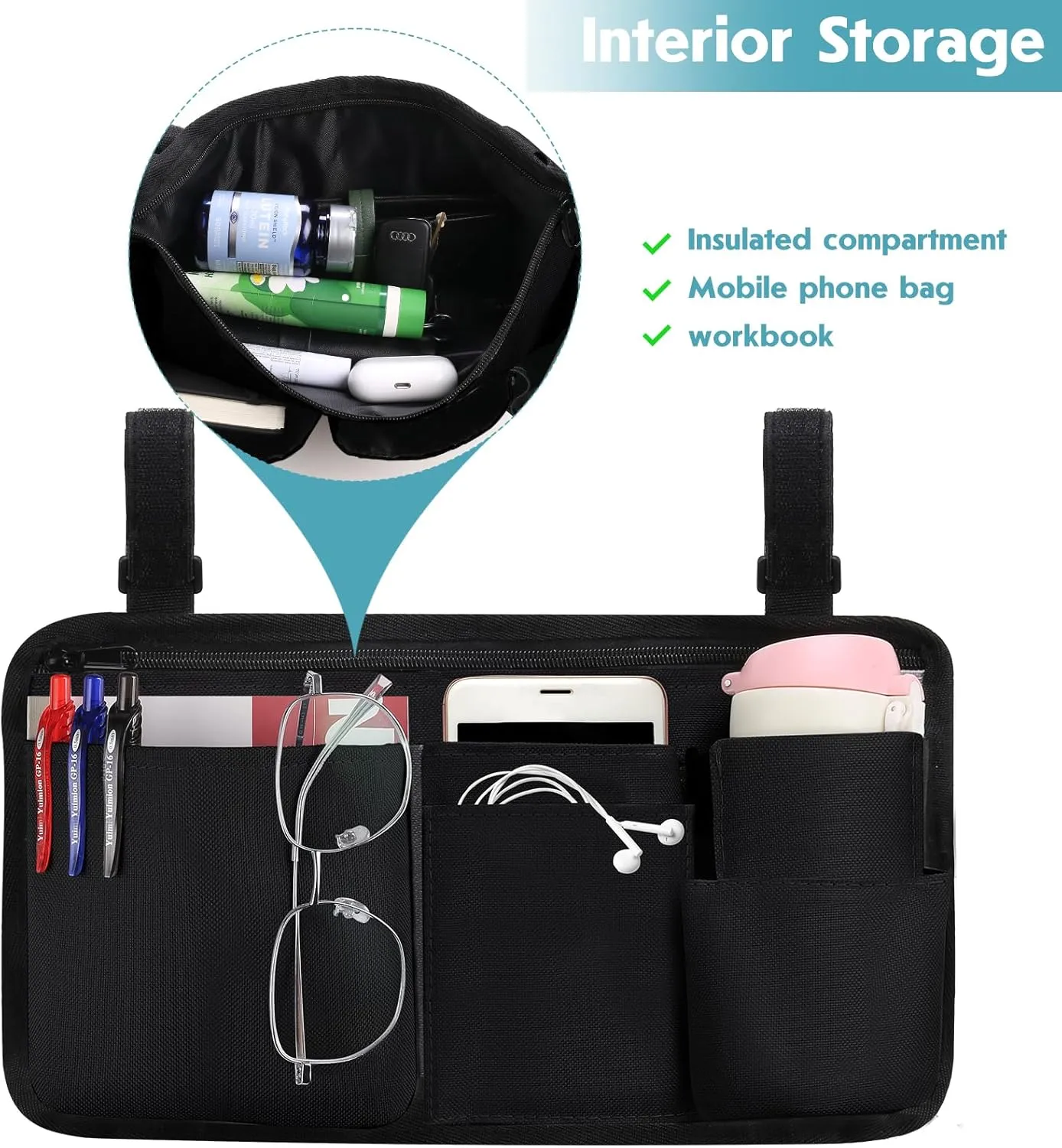 CTWWFS Upgrade Wheelchair Side Bag with Cup Holder, Armrest Accessories for Wheelchair, Rollator, Walker, The Perfectly Organized to Free your Hands and Bring you A Wonderful Life Experience (Black)