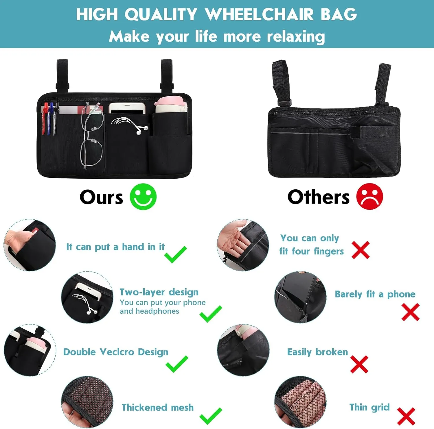CTWWFS Upgrade Wheelchair Side Bag with Cup Holder, Armrest Accessories for Wheelchair, Rollator, Walker, The Perfectly Organized to Free your Hands and Bring you A Wonderful Life Experience (Black)