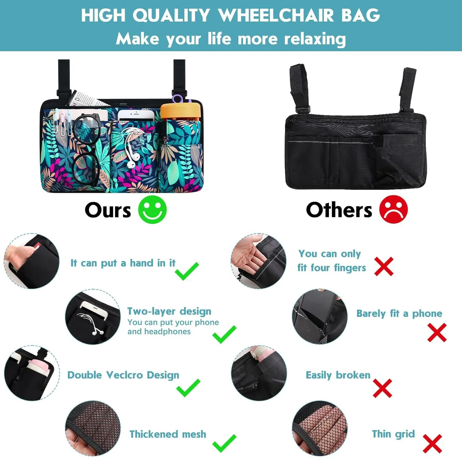CTWWFS Upgrade Wheelchair Side Bag with Cup Holder, Armrest Accessories for Wheelchair, Rollator, Walker, The Perfectly Organized to Free your Hands and Bring you A Wonderful Life Experience (Leaf)