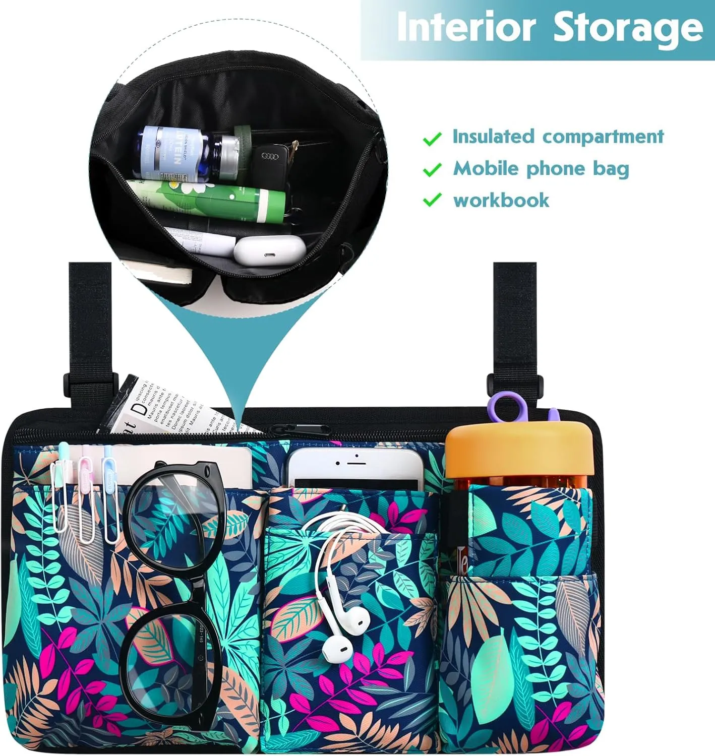 CTWWFS Upgrade Wheelchair Side Bag with Cup Holder, Armrest Accessories for Wheelchair, Rollator, Walker, The Perfectly Organized to Free your Hands and Bring you A Wonderful Life Experience (Leaf)