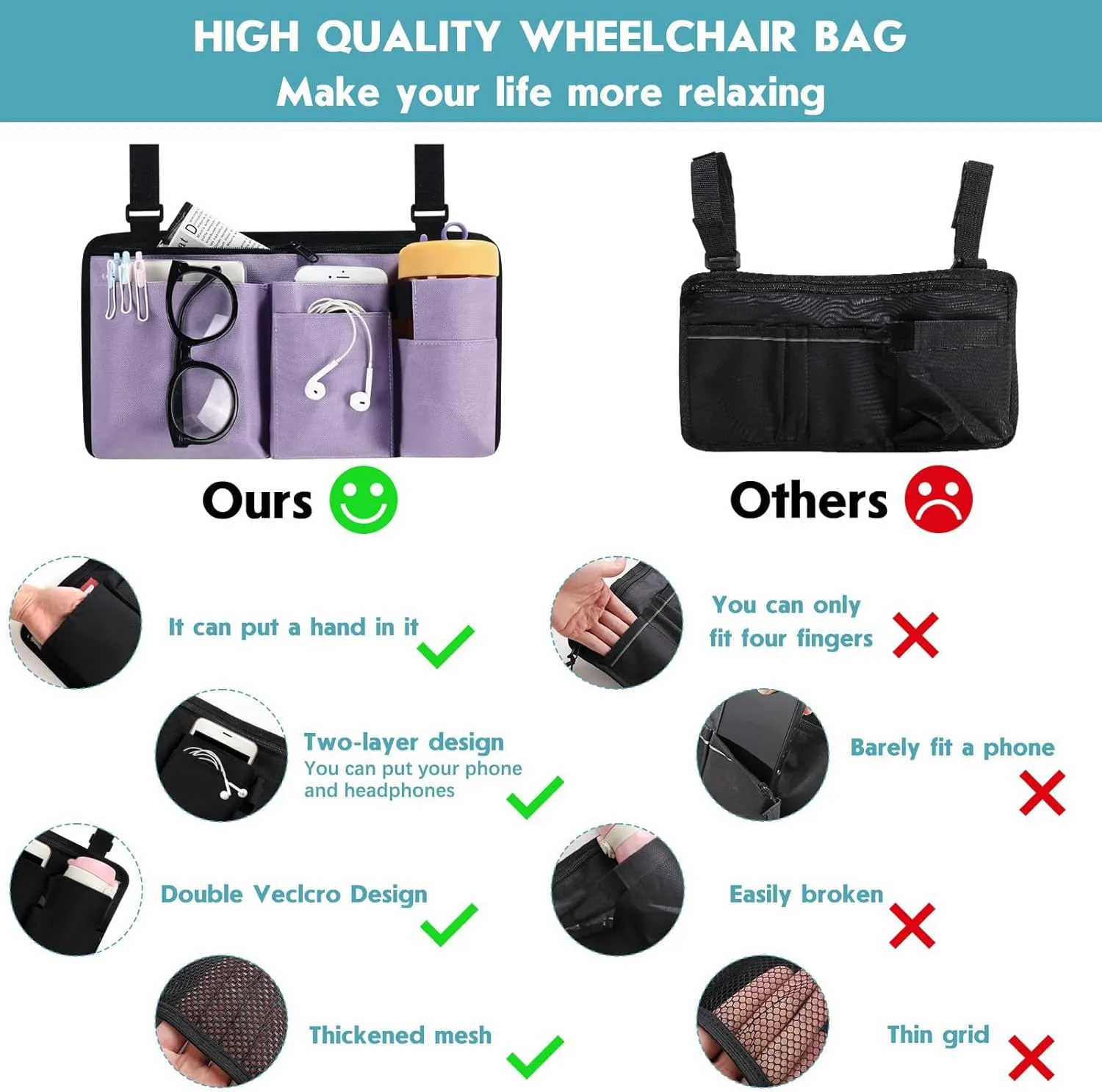 CTWWFS Upgrade Wheelchair Side Bag with Cup Holder, Armrest Accessories for Wheelchair, Rollator, Walker, The Perfectly Organized to Free your Hands and Bring you A Wonderful Life Experience (Purple)