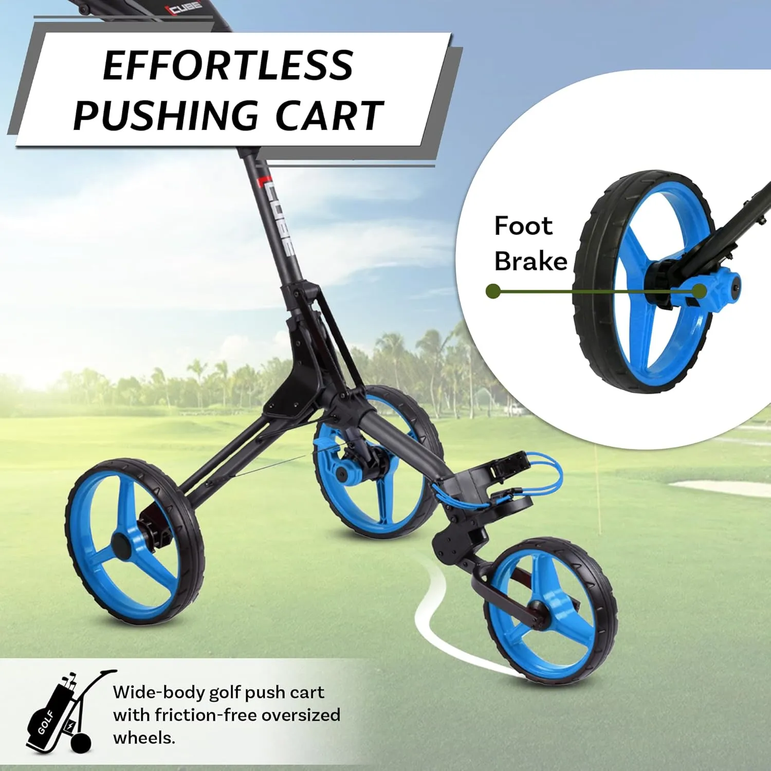 CUBE CART 3 Wheel Push Pull Golf CART - Two Step Open/Close - Smallest Folding Lightweight Golf CART in The World - Choose Color!