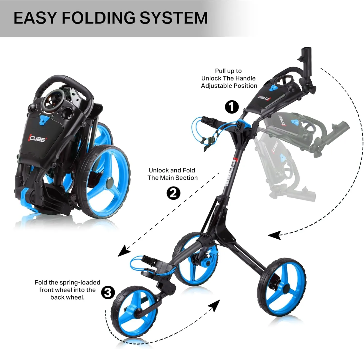 CUBE CART 3 Wheel Push Pull Golf CART - Two Step Open/Close - Smallest Folding Lightweight Golf CART in The World - Choose Color!