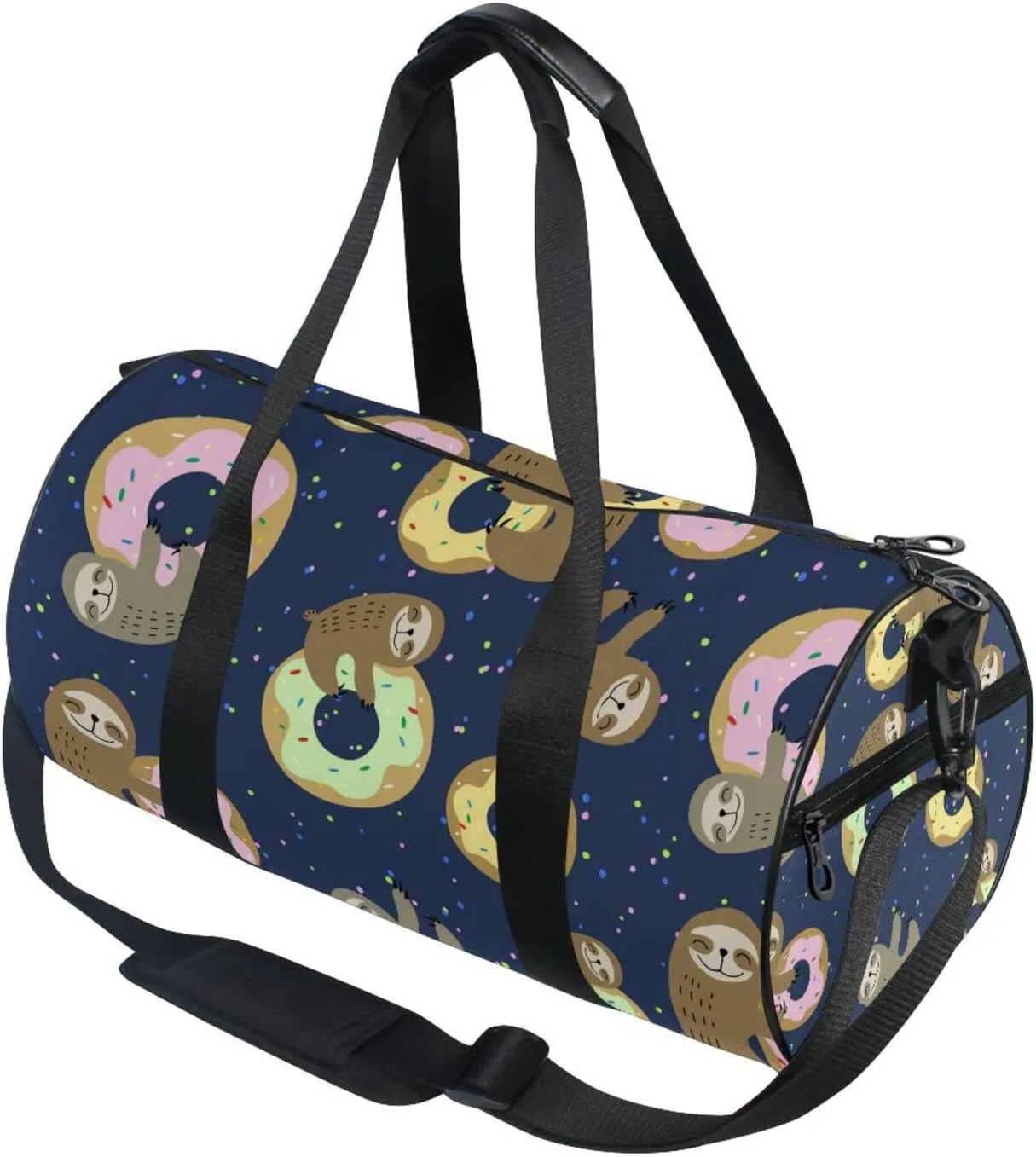Cute Brown Sloth with Sweet Doughnuts on Dark Blue Duffel Bag, Foldable Canvas Travel Tote for Gym Sports with Inner Pockets, Durable Lightweight Fitness Bag for Overnight Workout