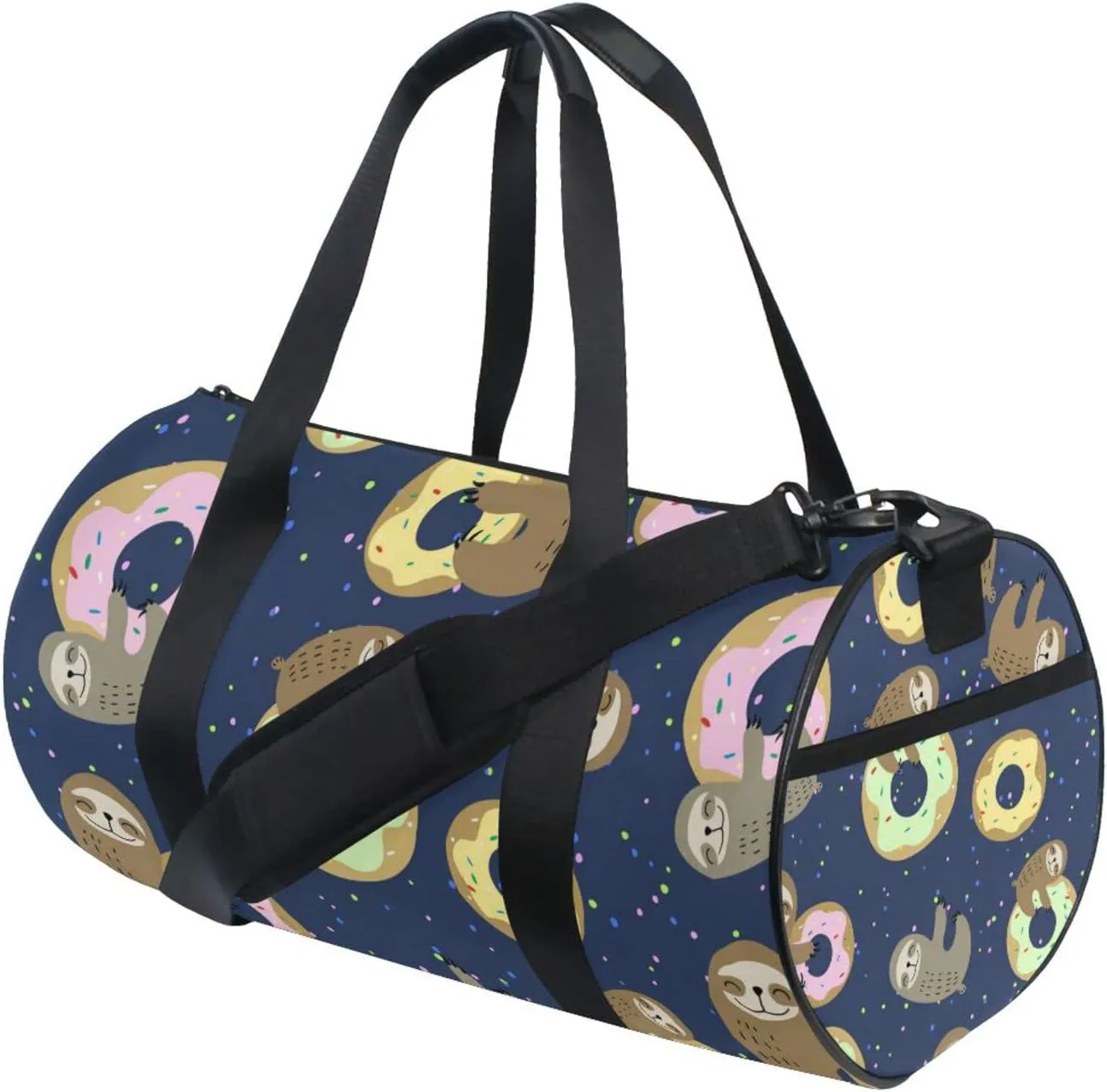Cute Brown Sloth with Sweet Doughnuts on Dark Blue Duffel Bag, Foldable Canvas Travel Tote for Gym Sports with Inner Pockets, Durable Lightweight Fitness Bag for Overnight Workout