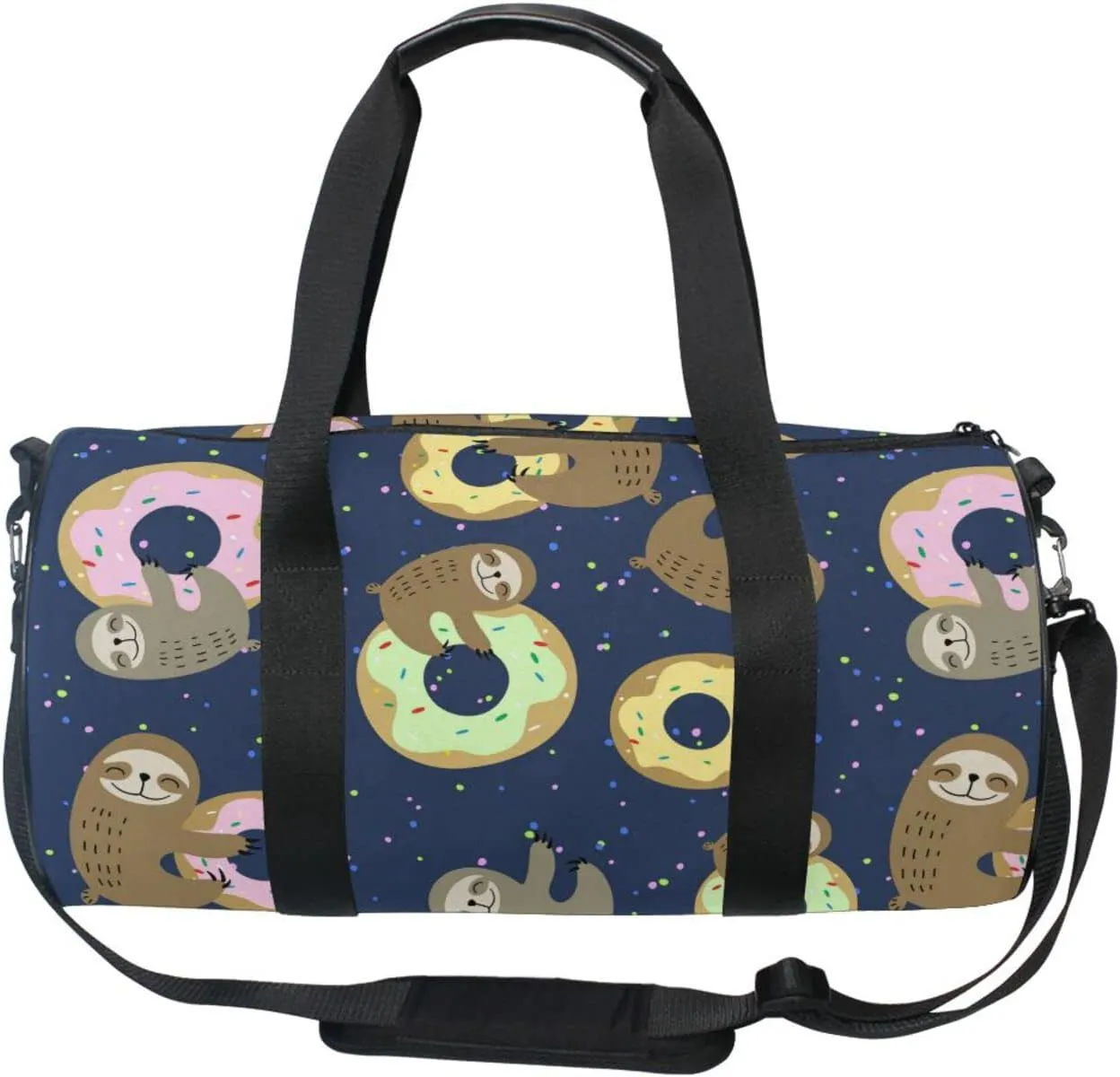 Cute Brown Sloth with Sweet Doughnuts on Dark Blue Duffel Bag, Foldable Canvas Travel Tote for Gym Sports with Inner Pockets, Durable Lightweight Fitness Bag for Overnight Workout