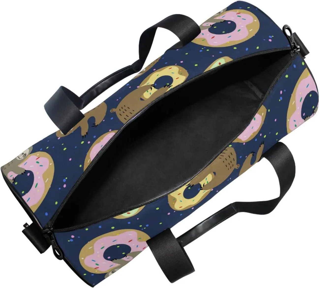 Cute Brown Sloth with Sweet Doughnuts on Dark Blue Duffel Bag, Foldable Canvas Travel Tote for Gym Sports with Inner Pockets, Durable Lightweight Fitness Bag for Overnight Workout