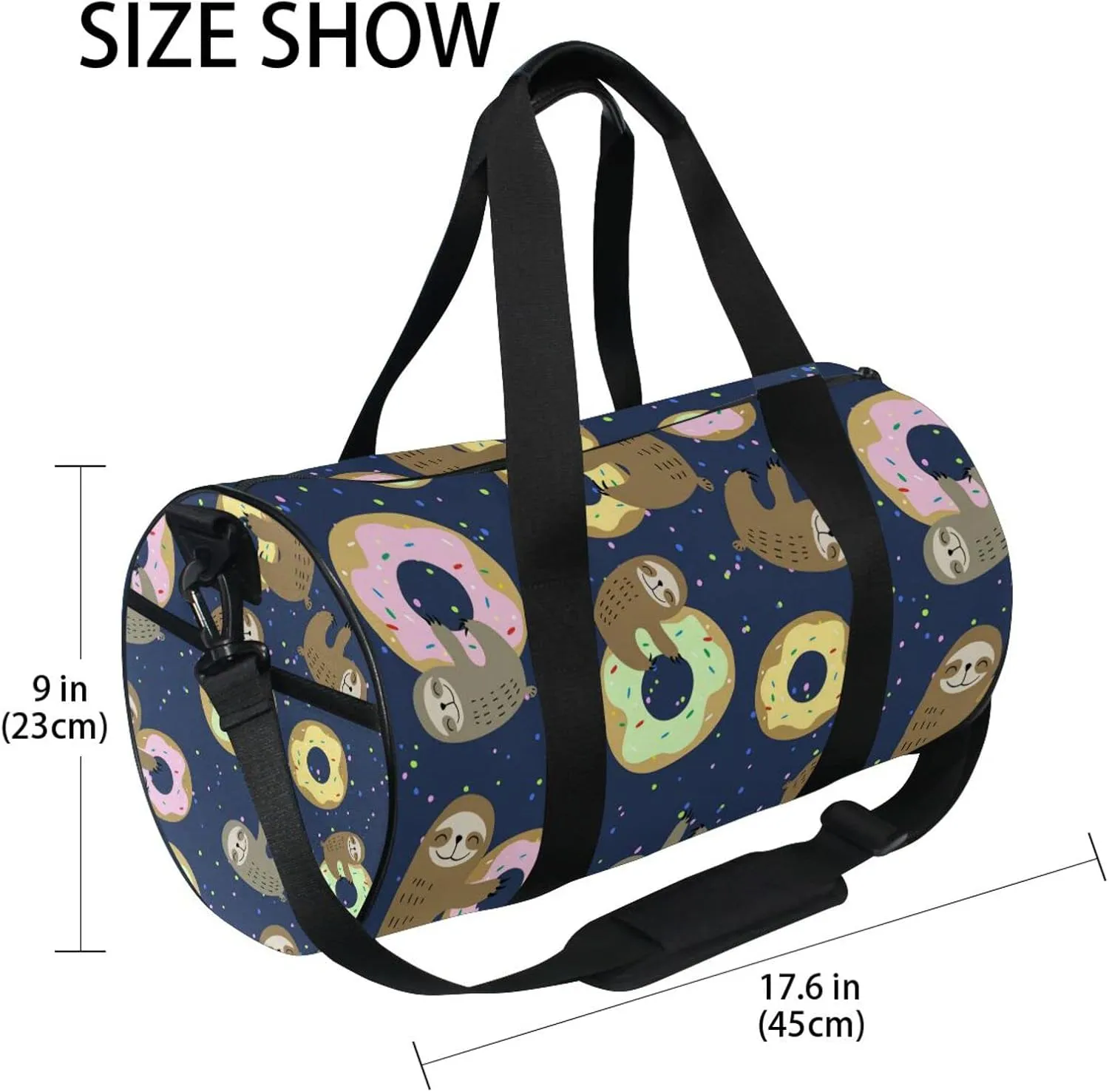 Cute Brown Sloth with Sweet Doughnuts on Dark Blue Duffel Bag, Foldable Canvas Travel Tote for Gym Sports with Inner Pockets, Durable Lightweight Fitness Bag for Overnight Workout