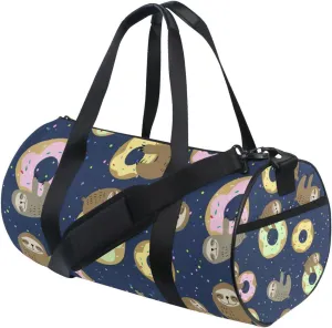 Cute Brown Sloth with Sweet Doughnuts on Dark Blue Duffel Bag, Foldable Canvas Travel Tote for Gym Sports with Inner Pockets, Durable Lightweight Fitness Bag for Overnight Workout
