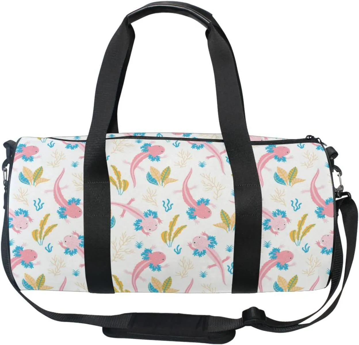 Cute Pink Swimming Axolotls Sea Plants Coral Reef on Light Pink Duffel Bag, Foldable Canvas Travel Tote for Gym Sports with Inner Pockets, Durable Lightweight Fitness Bag for Overnight Workout