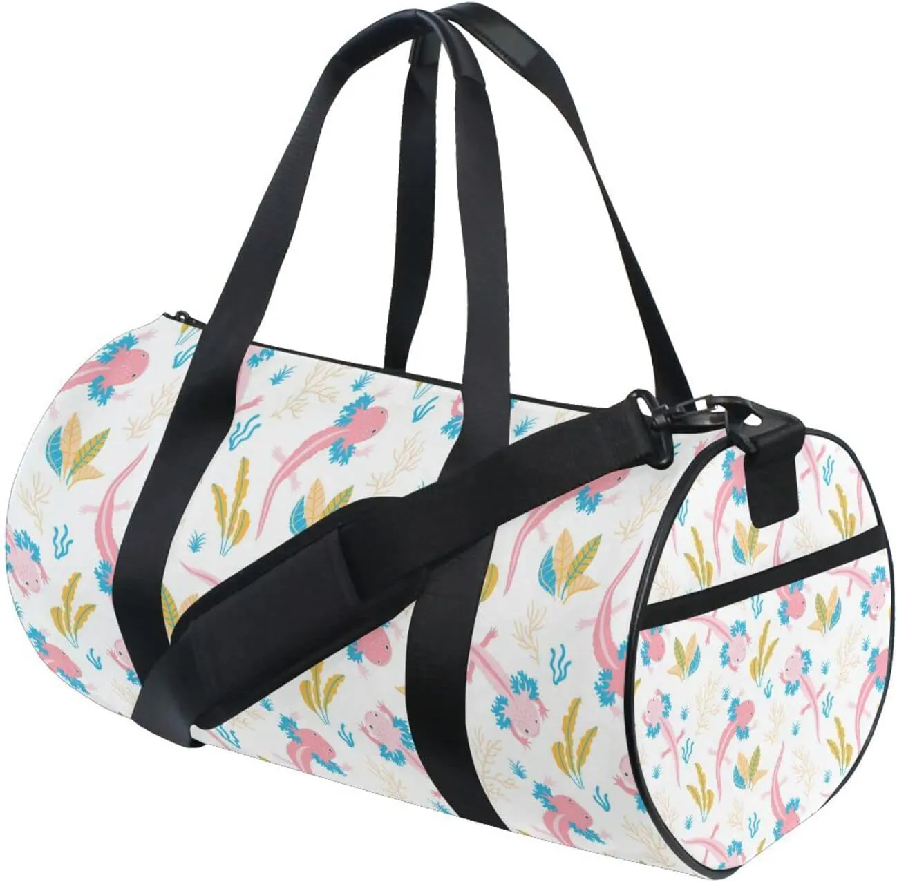 Cute Pink Swimming Axolotls Sea Plants Coral Reef on Light Pink Duffel Bag, Foldable Canvas Travel Tote for Gym Sports with Inner Pockets, Durable Lightweight Fitness Bag for Overnight Workout