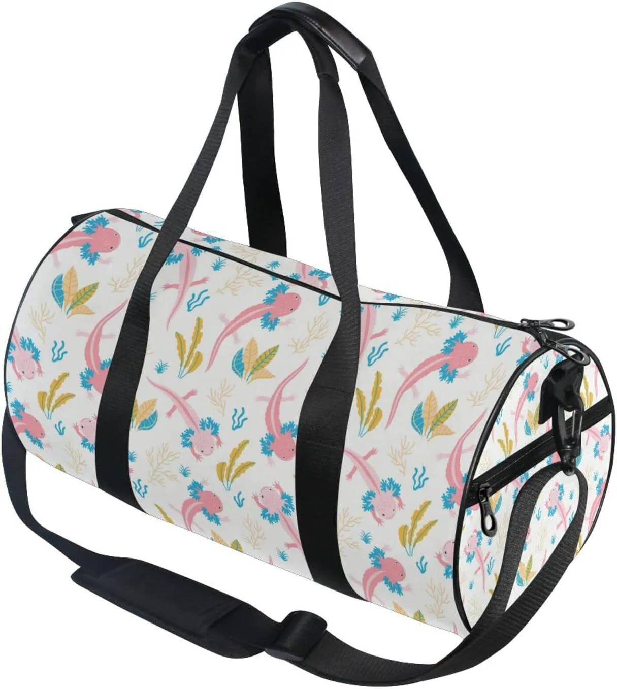 Cute Pink Swimming Axolotls Sea Plants Coral Reef on Light Pink Duffel Bag, Foldable Canvas Travel Tote for Gym Sports with Inner Pockets, Durable Lightweight Fitness Bag for Overnight Workout