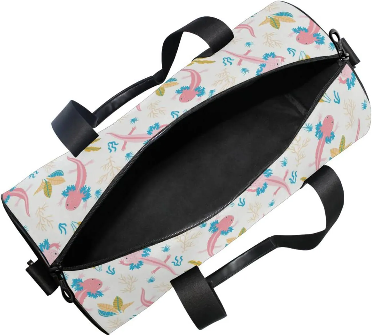 Cute Pink Swimming Axolotls Sea Plants Coral Reef on Light Pink Duffel Bag, Foldable Canvas Travel Tote for Gym Sports with Inner Pockets, Durable Lightweight Fitness Bag for Overnight Workout