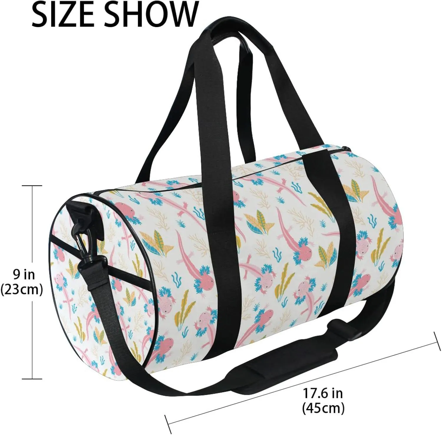 Cute Pink Swimming Axolotls Sea Plants Coral Reef on Light Pink Duffel Bag, Foldable Canvas Travel Tote for Gym Sports with Inner Pockets, Durable Lightweight Fitness Bag for Overnight Workout