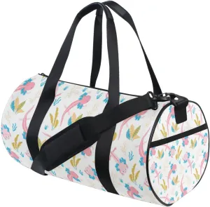 Cute Pink Swimming Axolotls Sea Plants Coral Reef on Light Pink Duffel Bag, Foldable Canvas Travel Tote for Gym Sports with Inner Pockets, Durable Lightweight Fitness Bag for Overnight Workout