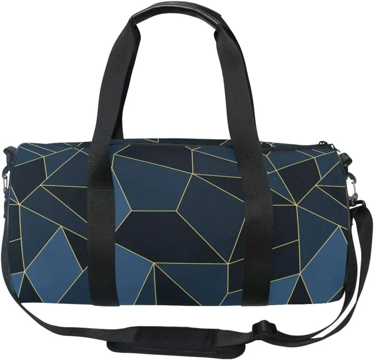 Dark Blue Black Marble Crystal Seamless Polygonal with Gold Lines Duffel Bag, Foldable Canvas Travel Tote for Gym Sports with Inner Pockets, Durable Lightweight Fitness Bag for Overnight Workout