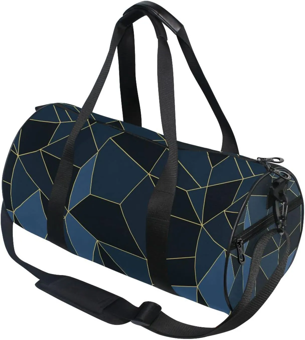Dark Blue Black Marble Crystal Seamless Polygonal with Gold Lines Duffel Bag, Foldable Canvas Travel Tote for Gym Sports with Inner Pockets, Durable Lightweight Fitness Bag for Overnight Workout