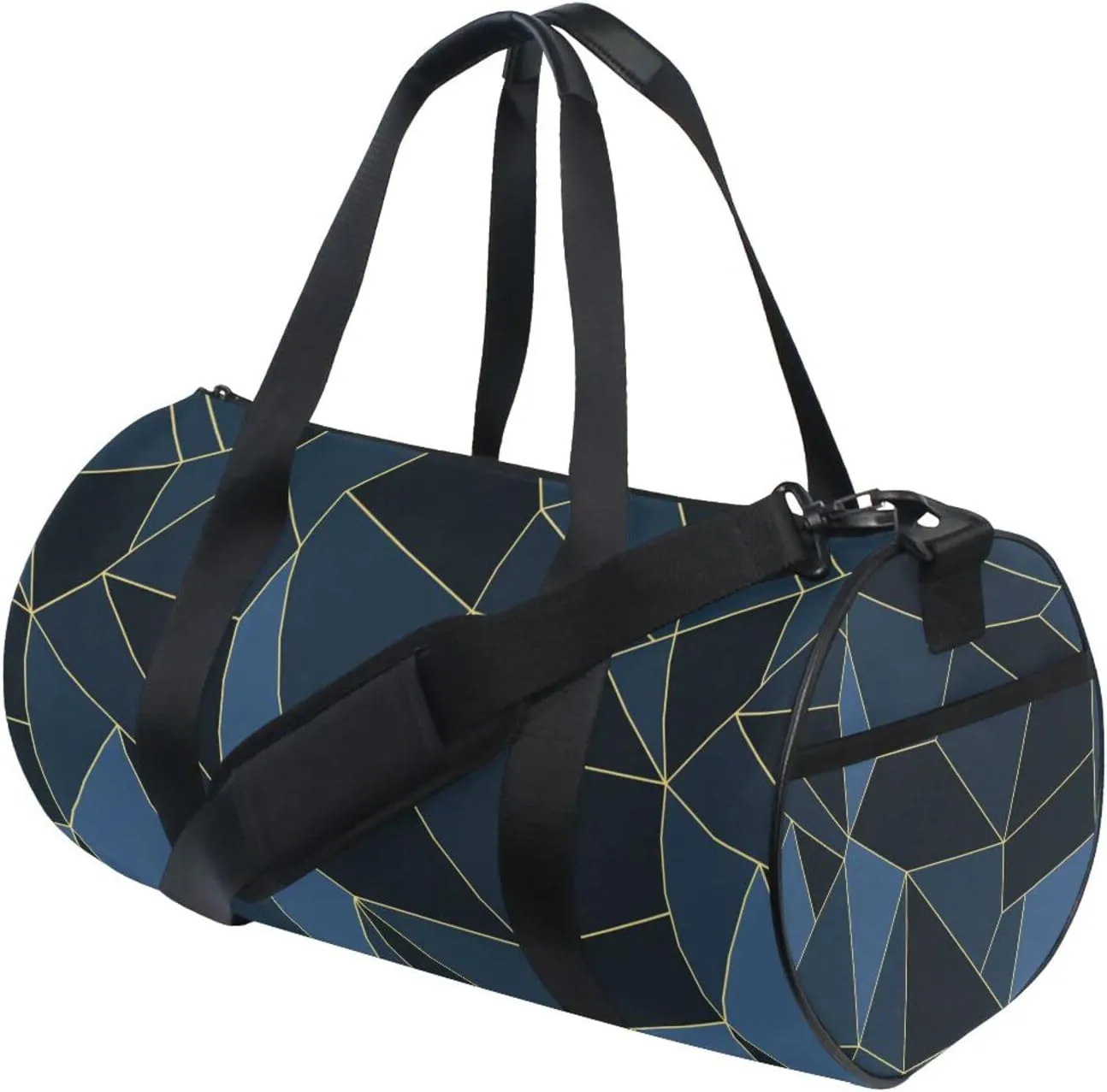 Dark Blue Black Marble Crystal Seamless Polygonal with Gold Lines Duffel Bag, Foldable Canvas Travel Tote for Gym Sports with Inner Pockets, Durable Lightweight Fitness Bag for Overnight Workout