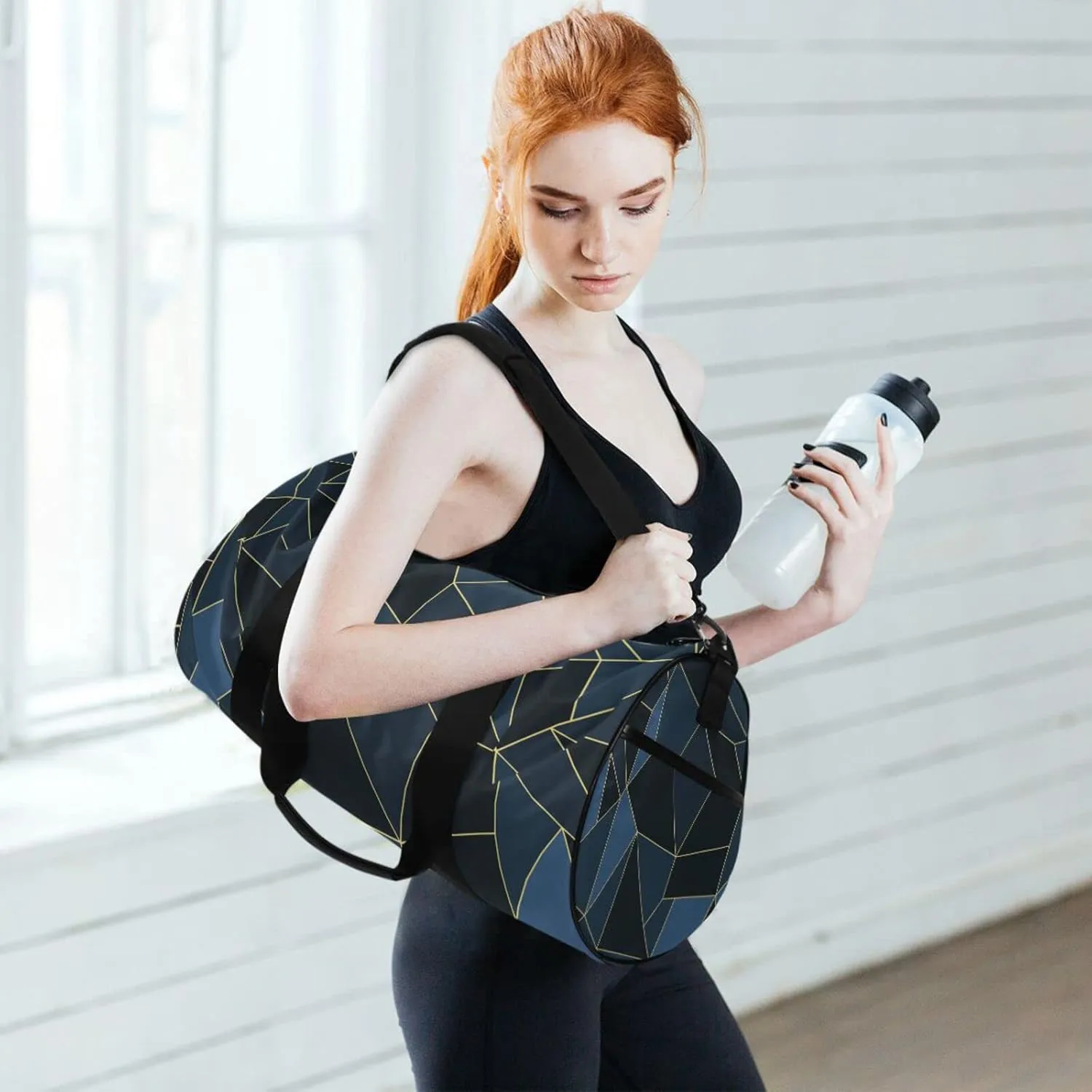 Dark Blue Black Marble Crystal Seamless Polygonal with Gold Lines Duffel Bag, Foldable Canvas Travel Tote for Gym Sports with Inner Pockets, Durable Lightweight Fitness Bag for Overnight Workout