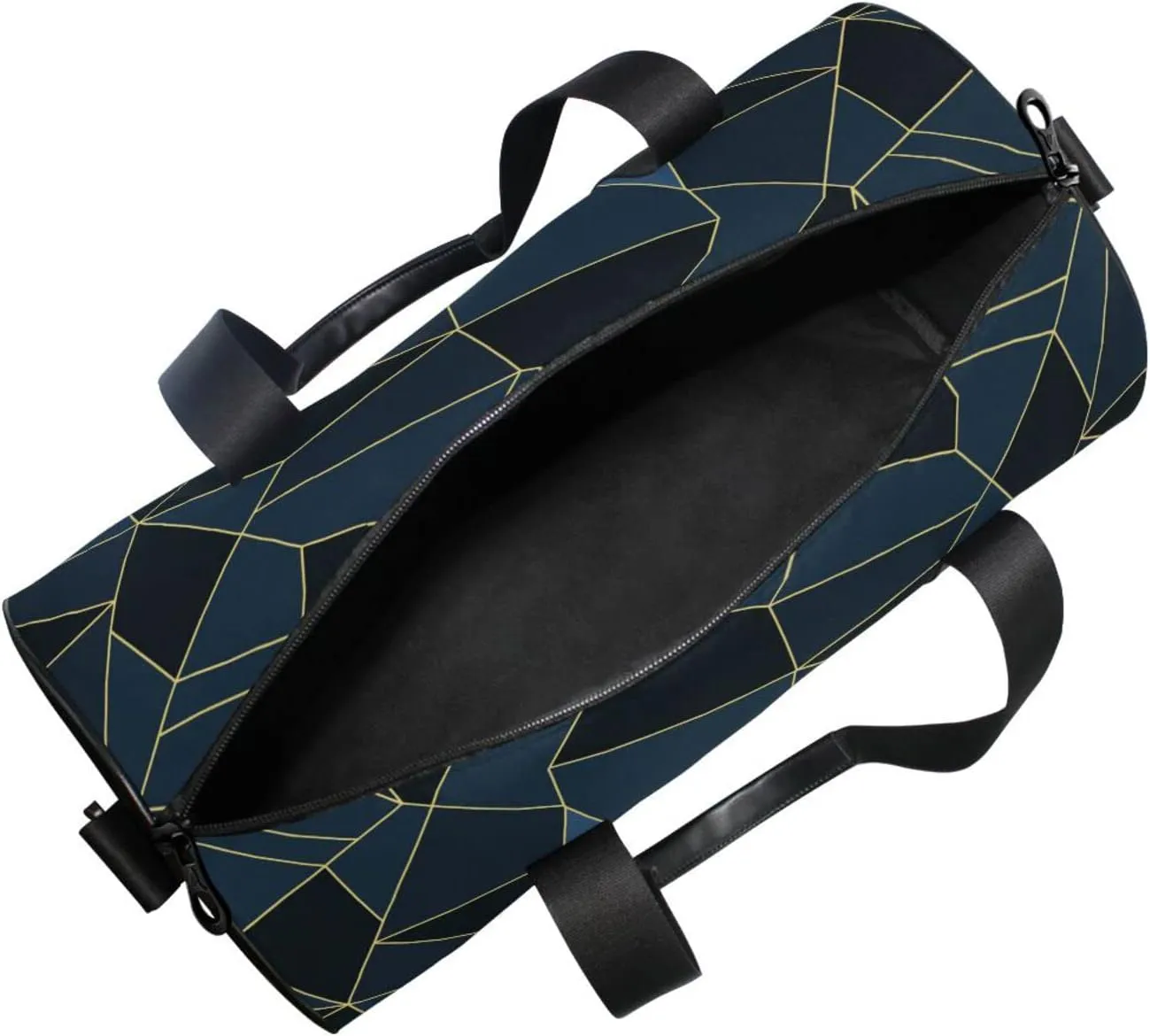 Dark Blue Black Marble Crystal Seamless Polygonal with Gold Lines Duffel Bag, Foldable Canvas Travel Tote for Gym Sports with Inner Pockets, Durable Lightweight Fitness Bag for Overnight Workout