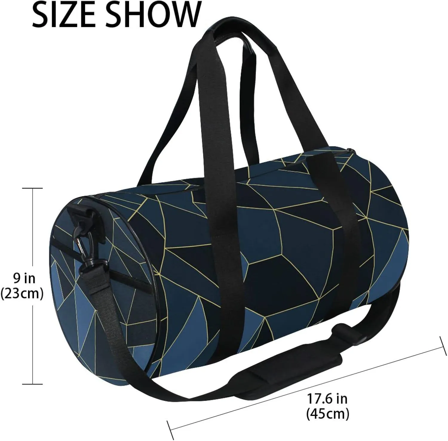 Dark Blue Black Marble Crystal Seamless Polygonal with Gold Lines Duffel Bag, Foldable Canvas Travel Tote for Gym Sports with Inner Pockets, Durable Lightweight Fitness Bag for Overnight Workout