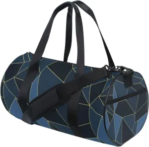 Dark Blue Black Marble Crystal Seamless Polygonal with Gold Lines Duffel Bag, Foldable Canvas Travel Tote for Gym Sports with Inner Pockets, Durable Lightweight Fitness Bag for Overnight Workout