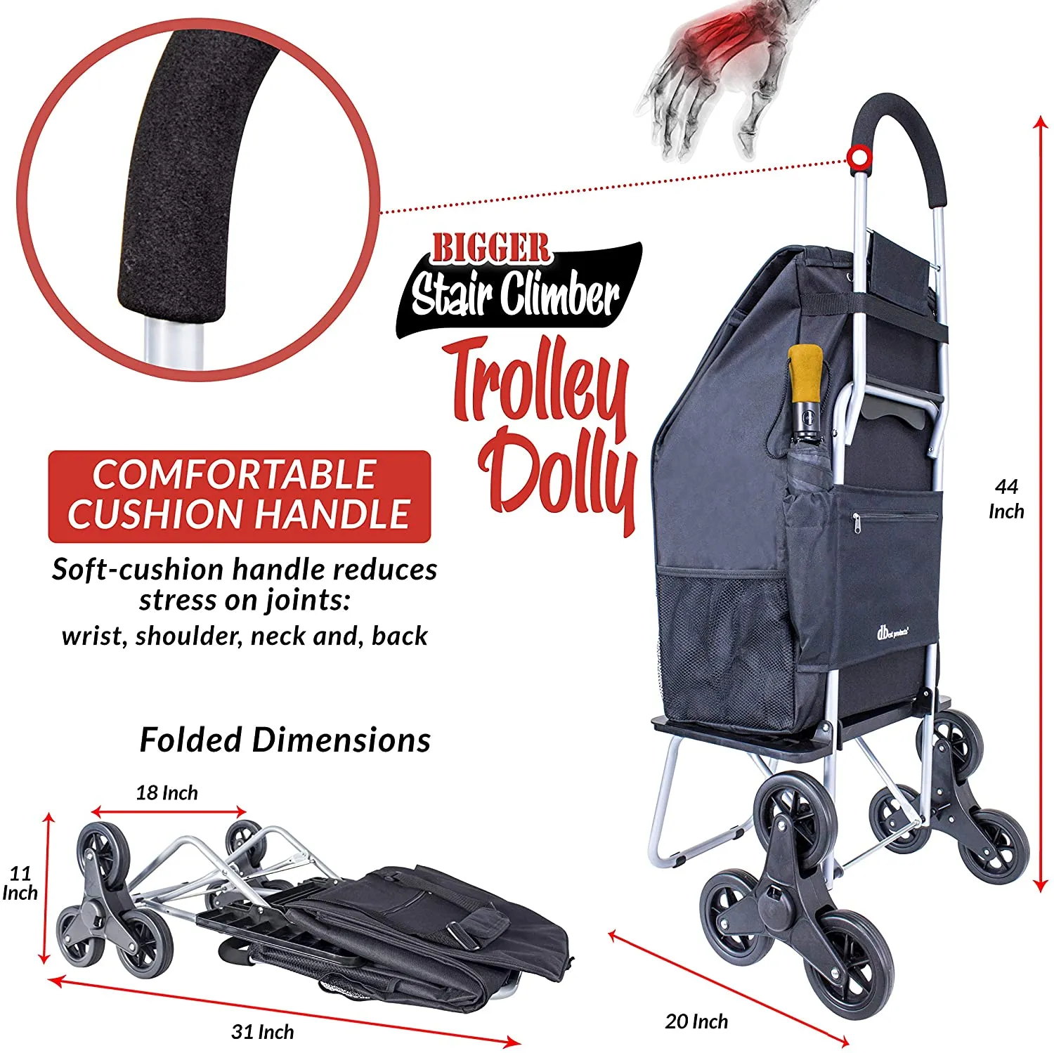 Dbest  products Stair Climber Bigger Trolley Dolly, Black Grocery Shopping Foldable Cart Condo Apartment