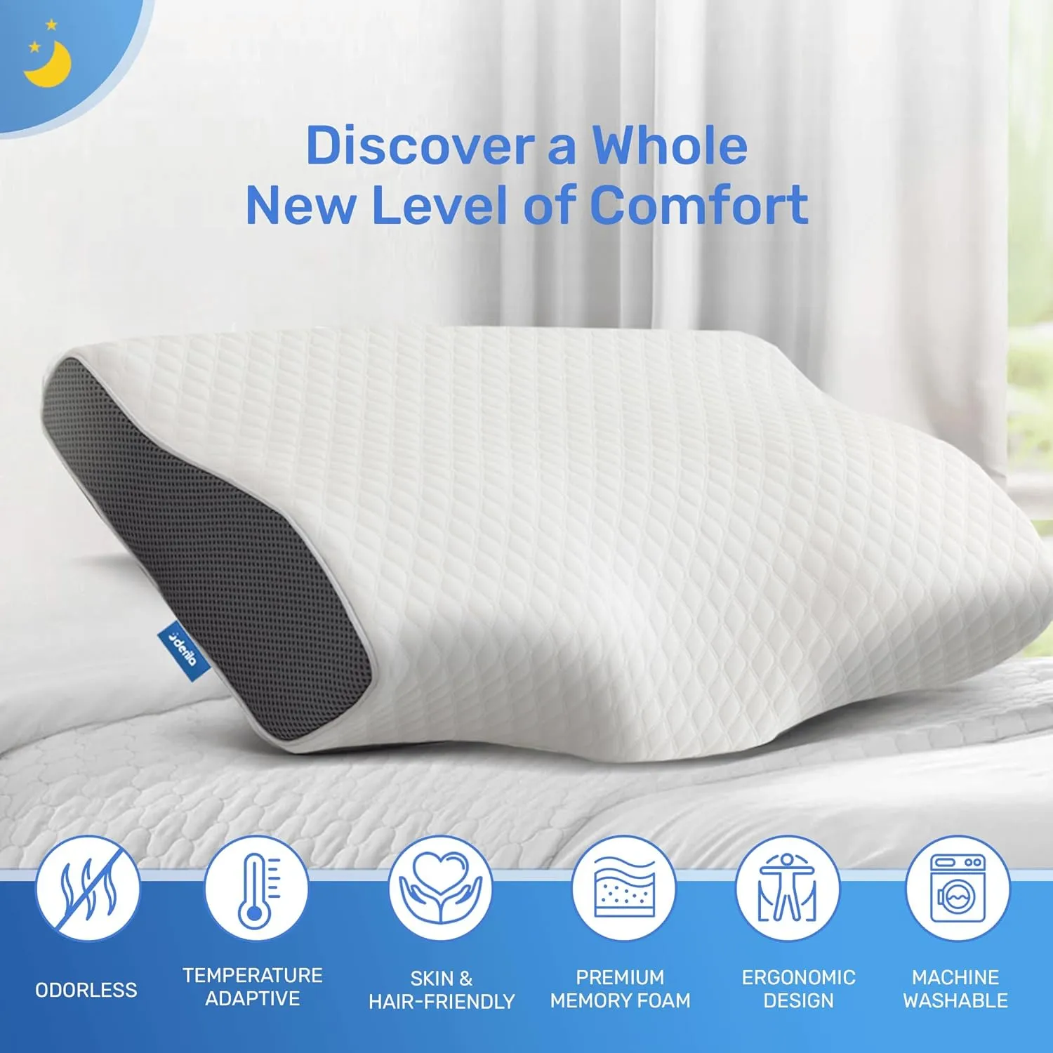 Derila King Size Neck Pillow for Sleeping, Ergonomic & Cervical Pillow for Neck Support & Relief, Memory Foam Side Sleeper Pillows, Bed Contour Pillows for Back, Stomach Sleepers