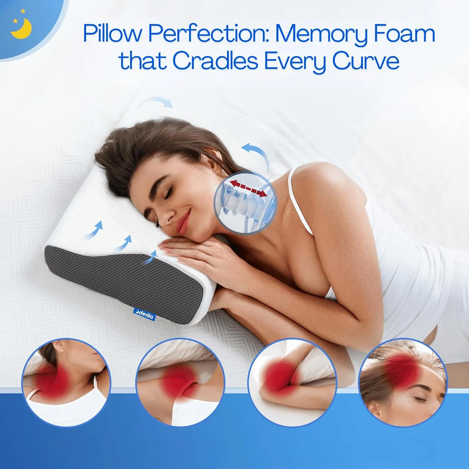 Derila King Size Neck Pillow for Sleeping, Ergonomic & Cervical Pillow for Neck Support & Relief, Memory Foam Side Sleeper Pillows, Bed Contour Pillows for Back, Stomach Sleepers