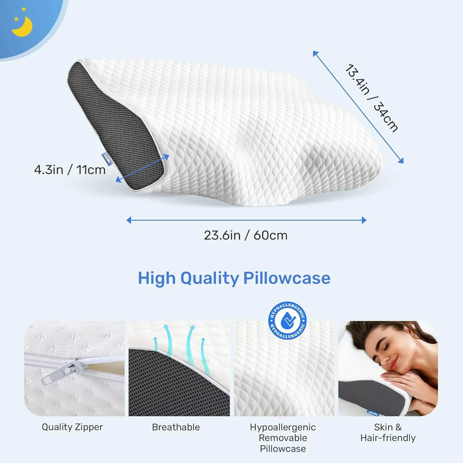 Derila King Size Neck Pillow for Sleeping, Ergonomic & Cervical Pillow for Neck Support & Relief, Memory Foam Side Sleeper Pillows, Bed Contour Pillows for Back, Stomach Sleepers