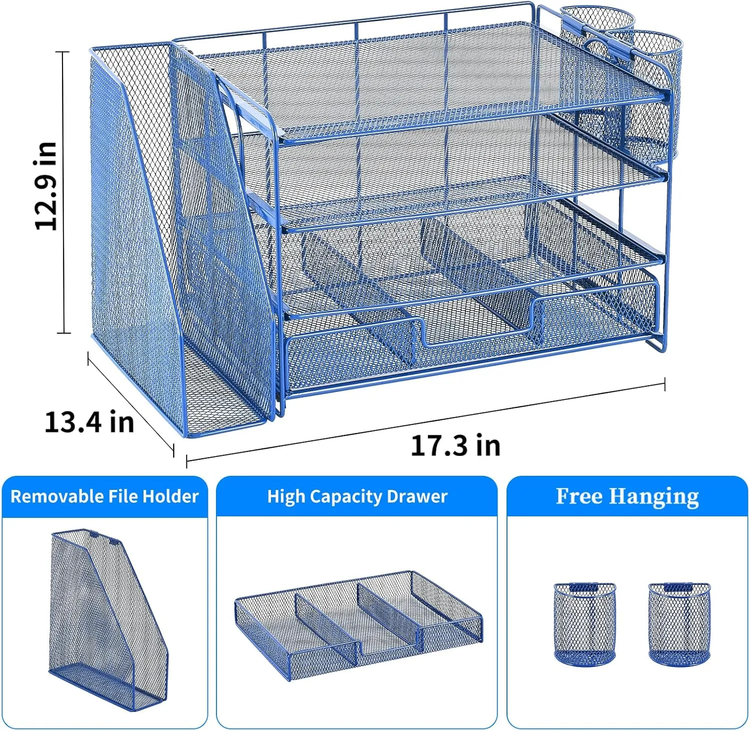 Desk Organizer and Accessories, 4-Tier Desktop File Organizer with Drawer and 2 Pen Holders, Office Desk Accessories for Office Supplies(Dark Blue)