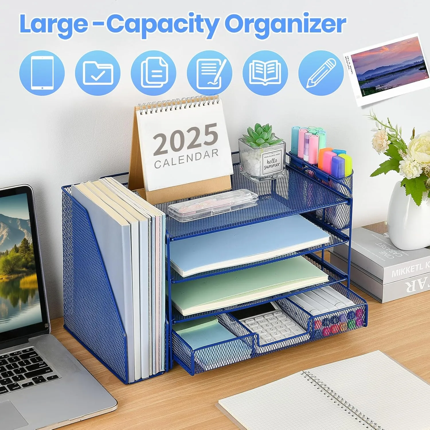 Desk Organizer and Accessories, 4-Tier Desktop File Organizer with Drawer and 2 Pen Holders, Office Desk Accessories for Office Supplies(Dark Blue)
