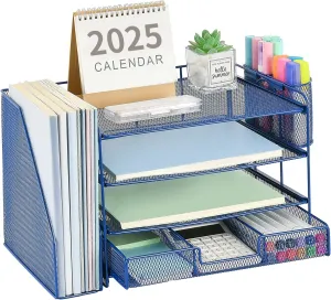 Desk Organizer and Accessories, 4-Tier Desktop File Organizer with Drawer and 2 Pen Holders, Office Desk Accessories for Office Supplies(Dark Blue)