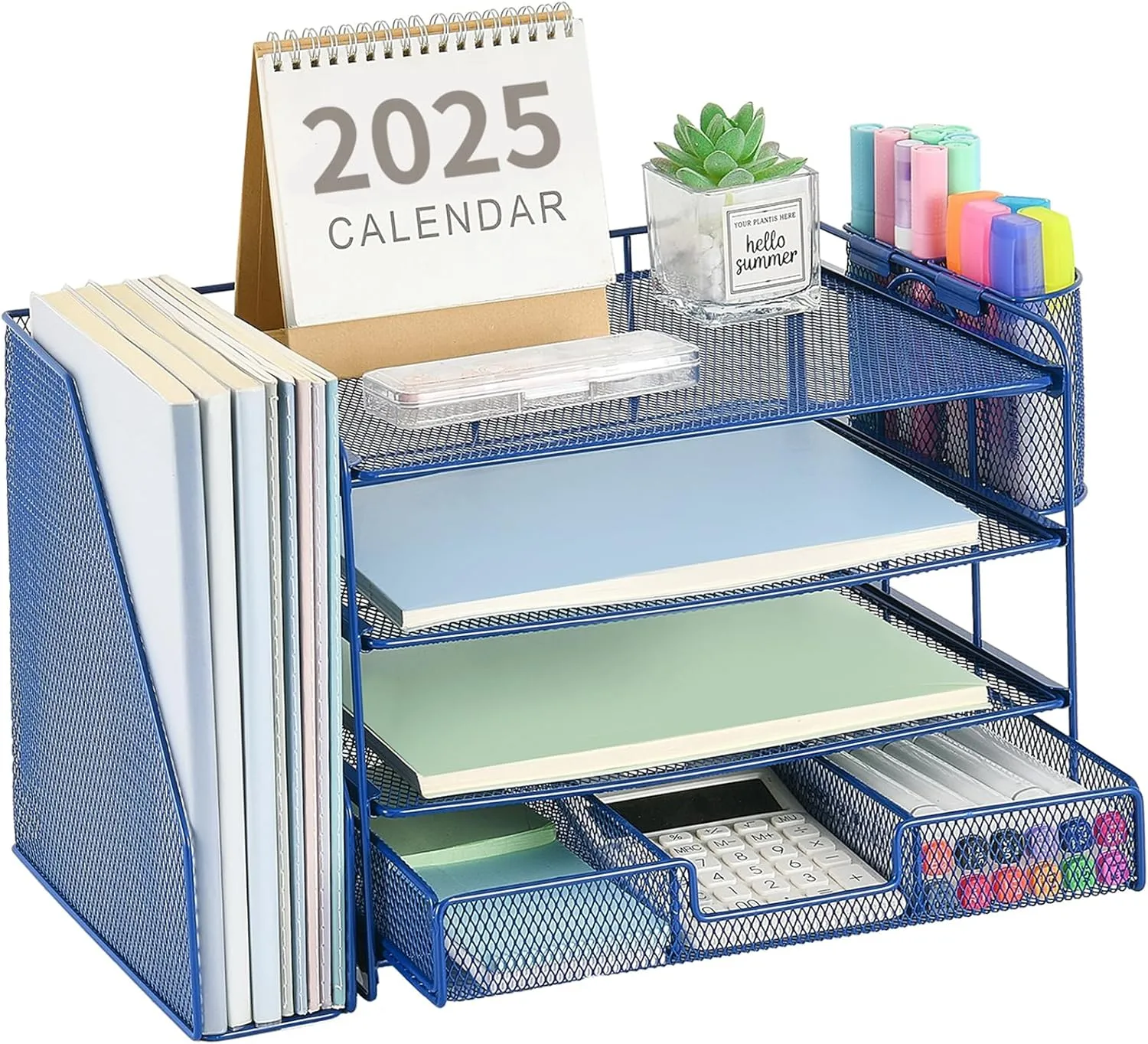 Desk Organizer and Accessories, 4-Tier Desktop File Organizer with Drawer and 2 Pen Holders, Office Desk Accessories for Office Supplies(Dark Blue)