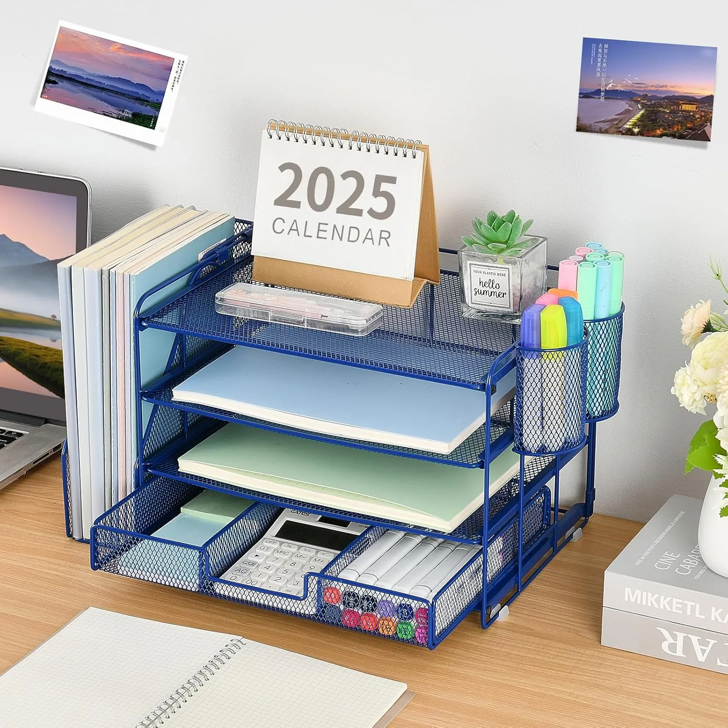 Desk Organizer and Accessories, 4-Tier Desktop File Organizer with Drawer and 2 Pen Holders, Office Desk Accessories for Office Supplies(Dark Blue)