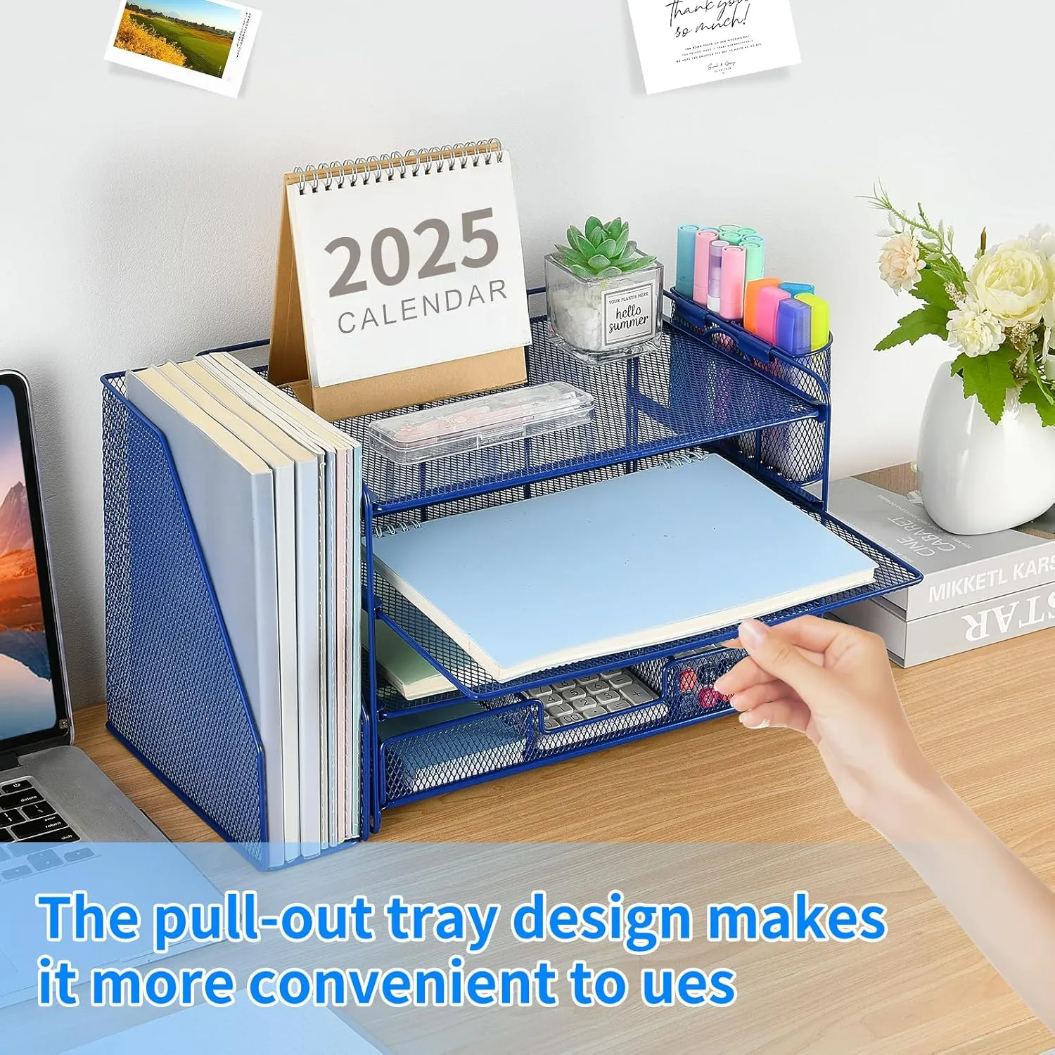 Desk Organizer and Accessories, 4-Tier Desktop File Organizer with Drawer and 2 Pen Holders, Office Desk Accessories for Office Supplies(Dark Blue)