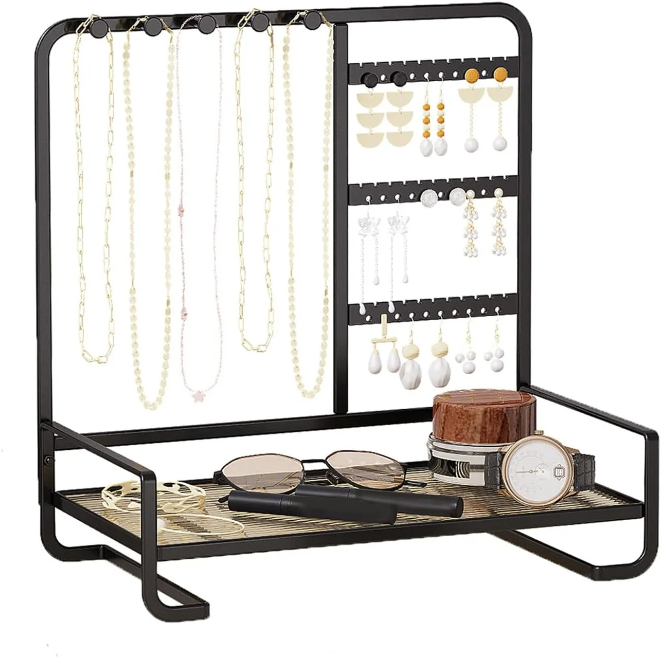 Desktop Jewelry Storage Rack Metal Jewelry Stand, 4-Tier Jewelry Stand Display Rack with Tray, for Necklaces, Earrings, Rings, Bracelets,Watch, Metal Jewelry Tower Organizer ,Black,27*15*27cm