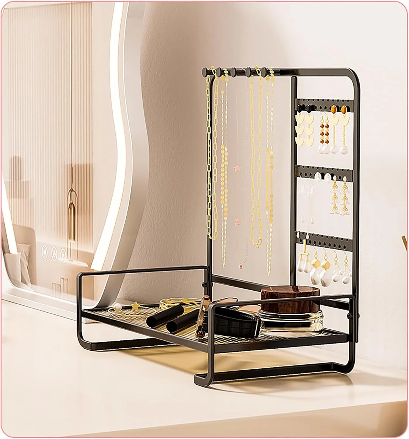 Desktop Jewelry Storage Rack Metal Jewelry Stand, 4-Tier Jewelry Stand Display Rack with Tray, for Necklaces, Earrings, Rings, Bracelets,Watch, Metal Jewelry Tower Organizer ,Black,27*15*27cm