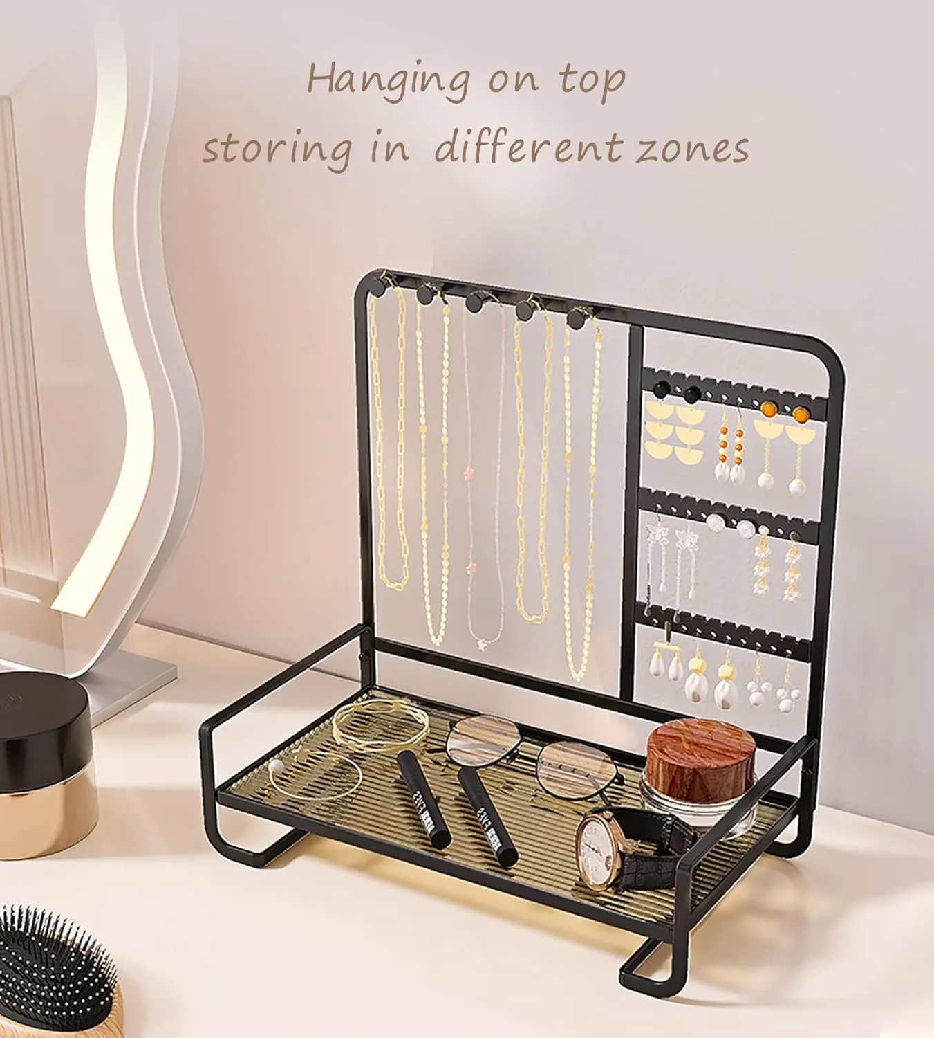 Desktop Jewelry Storage Rack Metal Jewelry Stand, 4-Tier Jewelry Stand Display Rack with Tray, for Necklaces, Earrings, Rings, Bracelets,Watch, Metal Jewelry Tower Organizer ,Black,27*15*27cm