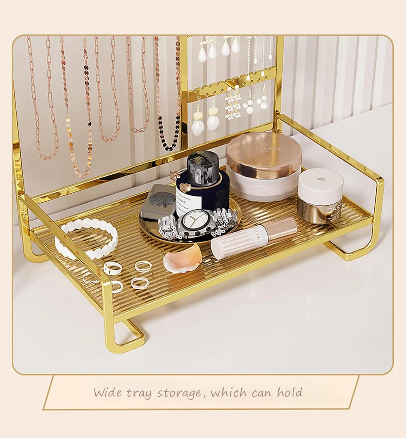 Desktop Jewelry Storage Rack Metal Jewelry Stand, 4-Tier Jewelry Stand Display Rack with Tray, for Necklaces, Earrings, Rings, Bracelets,Watch, Metal Jewelry Tower Organizer ,Silver,27*15*27cm