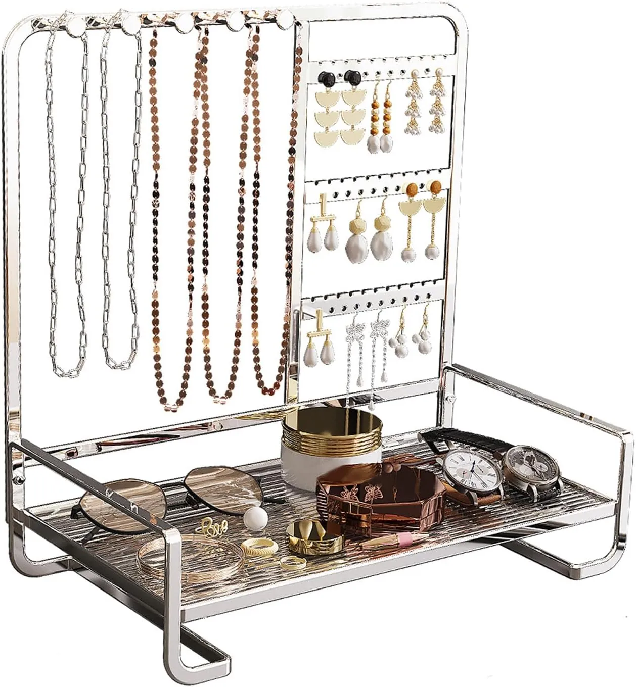 Desktop Jewelry Storage Rack Metal Jewelry Stand, 4-Tier Jewelry Stand Display Rack with Tray, for Necklaces, Earrings, Rings, Bracelets,Watch, Metal Jewelry Tower Organizer ,Silver,27*15*27cm