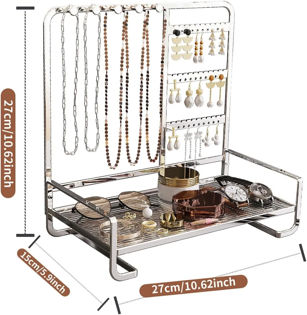Desktop Jewelry Storage Rack Metal Jewelry Stand, 4-Tier Jewelry Stand Display Rack with Tray, for Necklaces, Earrings, Rings, Bracelets,Watch, Metal Jewelry Tower Organizer ,Silver,27*15*27cm