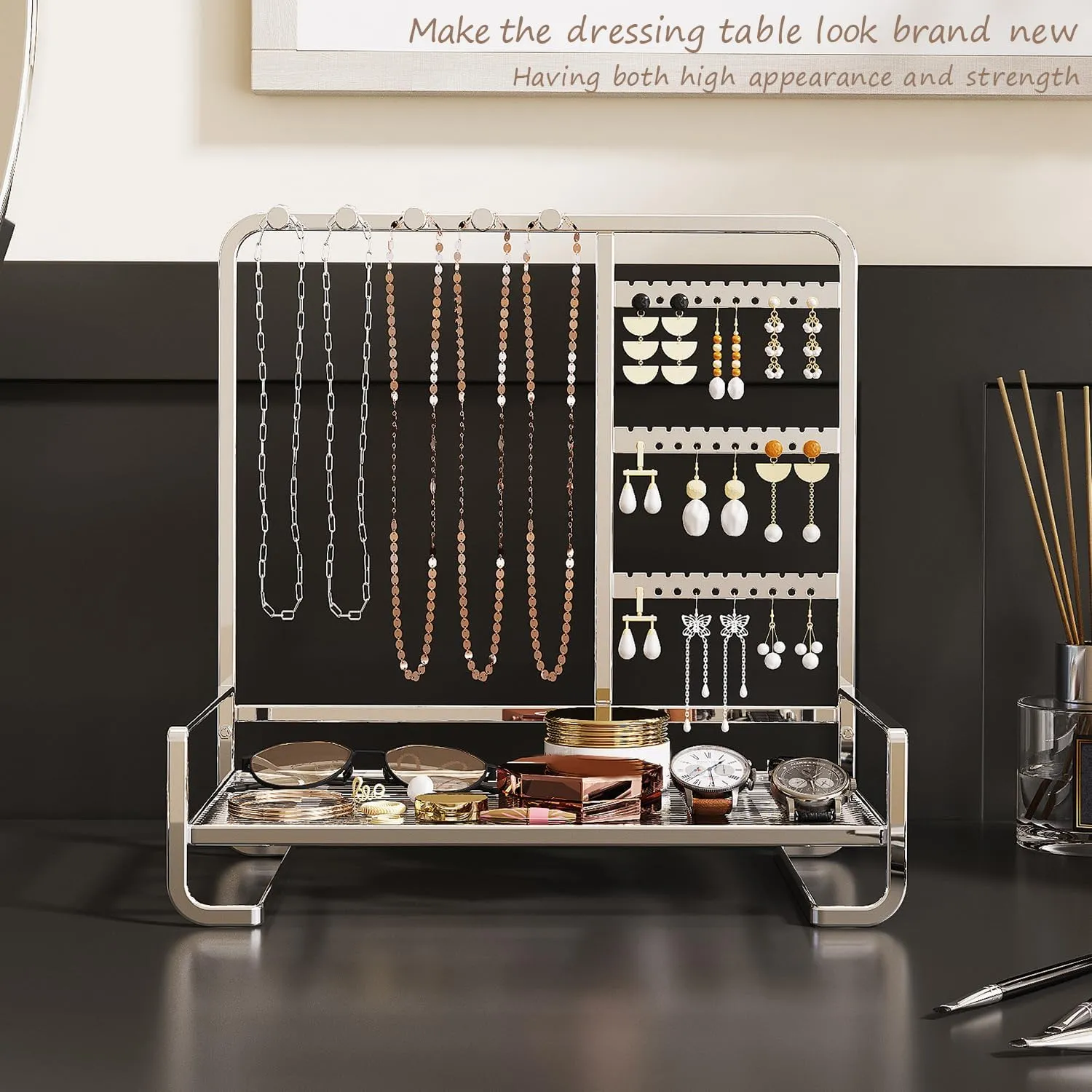 Desktop Jewelry Storage Rack Metal Jewelry Stand, 4-Tier Jewelry Stand Display Rack with Tray, for Necklaces, Earrings, Rings, Bracelets,Watch, Metal Jewelry Tower Organizer ,Silver,27*15*27cm