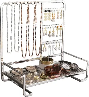 Desktop Jewelry Storage Rack Metal Jewelry Stand, 4-Tier Jewelry Stand Display Rack with Tray, for Necklaces, Earrings, Rings, Bracelets,Watch, Metal Jewelry Tower Organizer ,Silver,27*15*27cm