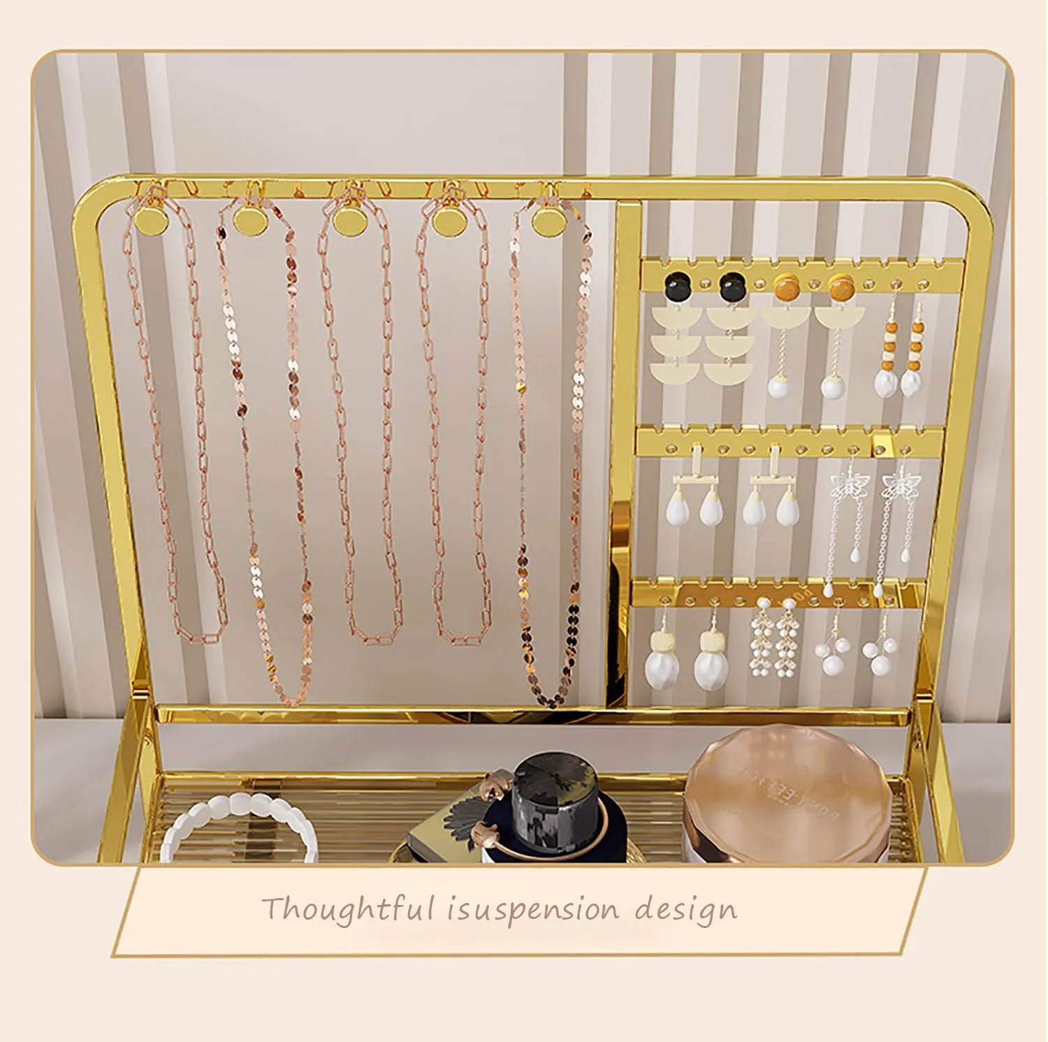 Desktop Jewelry Storage Rack Metal Jewelry Stand, 4-Tier Jewelry Stand Display Rack with Tray, for Necklaces, Earrings, Rings, Bracelets,Watch, Metal Jewelry Tower Organizer ,Silver,27*15*27cm