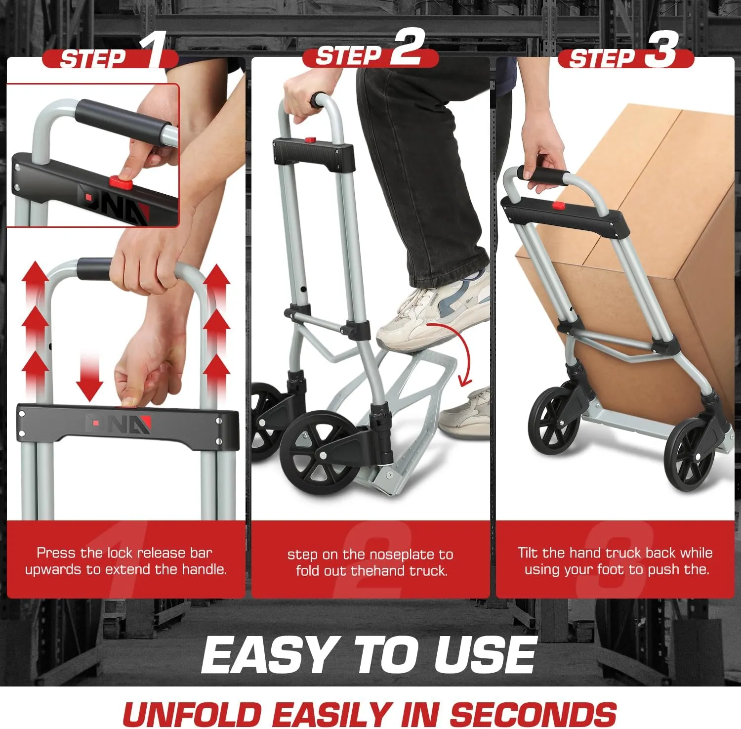 DNA MOTORING Folding Hand Truck Dolly Cart, 220lbs Capacity Foldable Dolly Cart for Moving Heavy Loads, Collapsible Hand Truck Trolley, w/Telescopic Handle, Black, TOOLS-00742