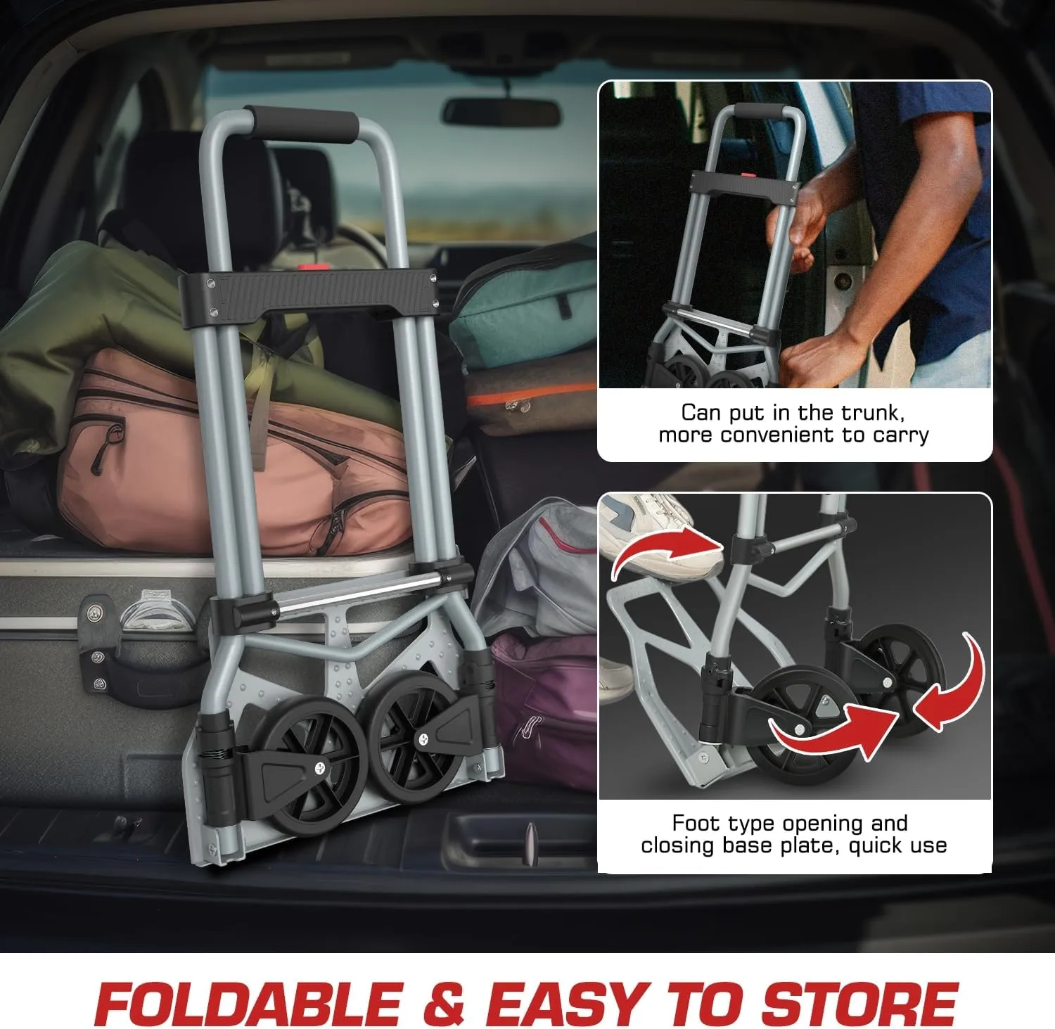 DNA MOTORING Folding Hand Truck Dolly Cart, 220lbs Capacity Foldable Dolly Cart for Moving Heavy Loads, Collapsible Hand Truck Trolley, w/Telescopic Handle, Black, TOOLS-00742
