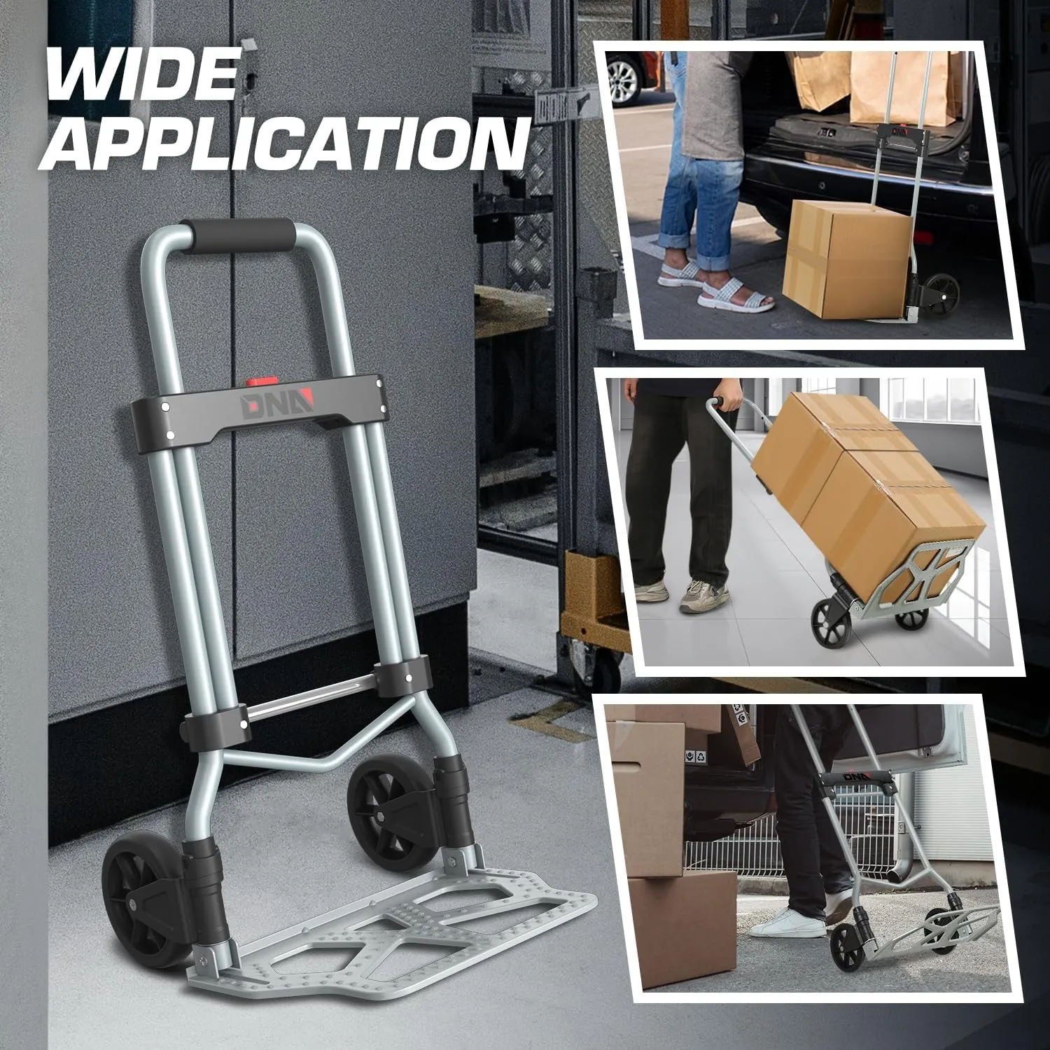 DNA MOTORING Folding Hand Truck Dolly Cart, 220lbs Capacity Foldable Dolly Cart for Moving Heavy Loads, Collapsible Hand Truck Trolley, w/Telescopic Handle, Black, TOOLS-00742