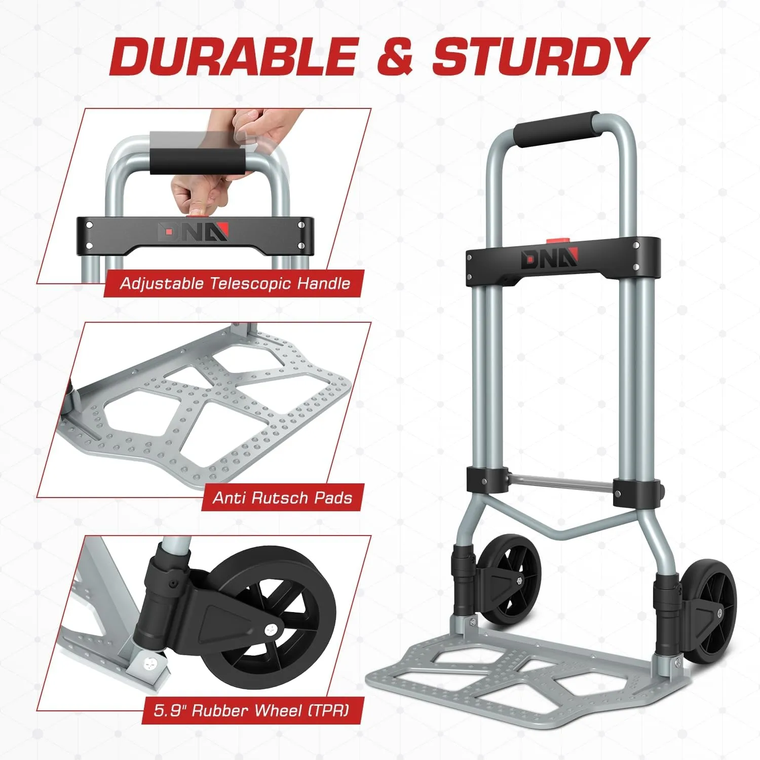 DNA MOTORING Folding Hand Truck Dolly Cart, 220lbs Capacity Foldable Dolly Cart for Moving Heavy Loads, Collapsible Hand Truck Trolley, w/Telescopic Handle, Black, TOOLS-00742