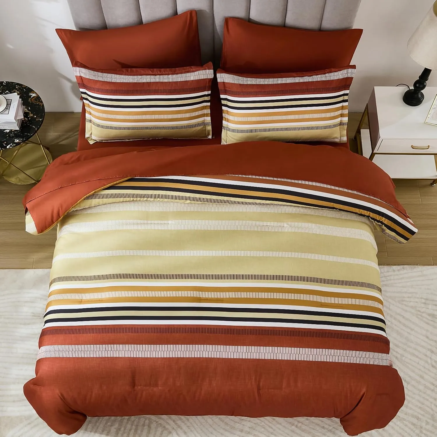 Dobuyly Boho Queen Comforter Set 7 Pieces, Terracotta Comforter Bed in a Bag Queen Size, Soft Microfiber All Season Brunt Orange Bedding Set with Comforter, Sheets, Pillowcases & Shams